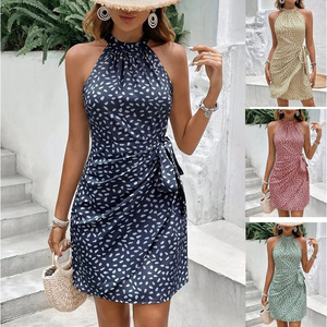 Verano nuevo Vestido corto plisado Floral para mujer Europa para <span class=keywords><strong>Amazon</strong></span> transfronterizo Casual tejido gasa cremallera cuello sin mangas - Product Image 5