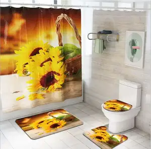 Tirai Kamar Mandi Pola Bunga Matahari, Set Keset Karpet Anti Licin Cepat Kering Tahan Air Penutup Tutup Toilet Keset Lantai Poliester