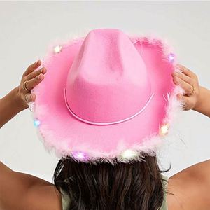 Sombrero de Vaquera Rosa con Borde de Plumas, Casual, para Exteriores, con Luces, al por Mayor - Product Image 1
