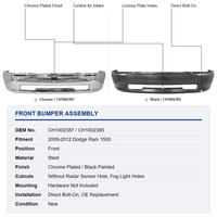 Pare-chocs avant chromé/noir OEM CH1002387 CH1002385 sans trous pour radar et feux antibrouillard pour Dodge Ram 1500 2009-2012, remplacement d'origine