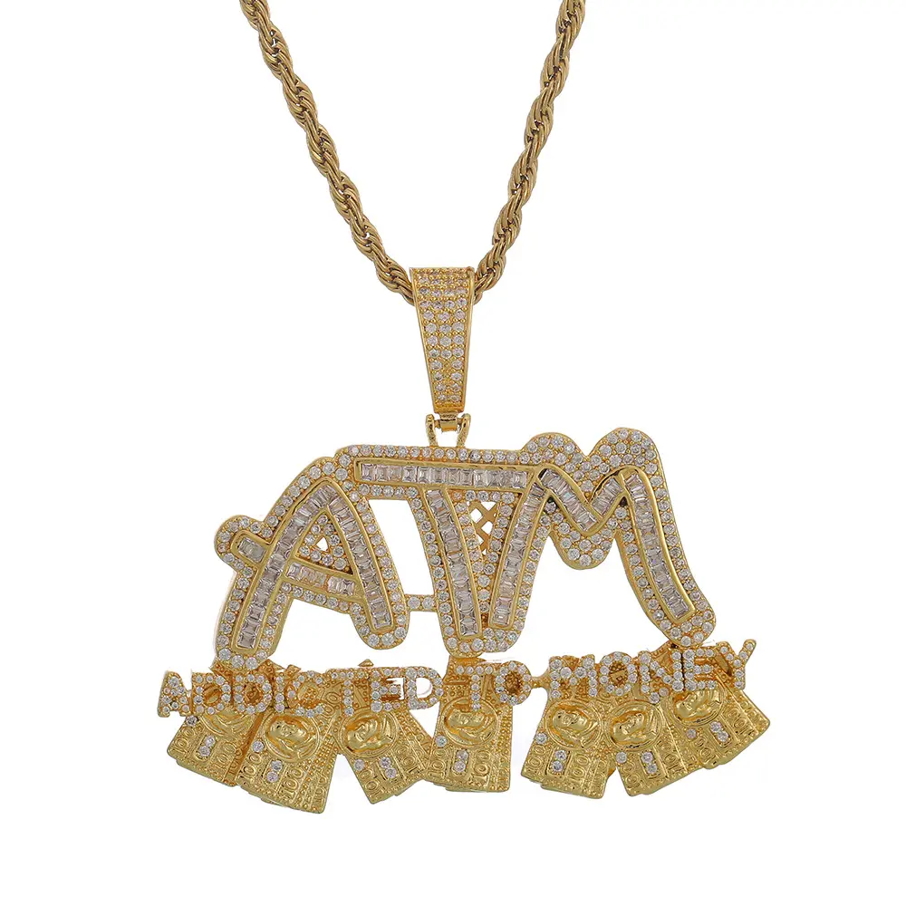DAICY Hot Selling Necklace Bling CZ letter pendant mean addicted to money hip hop style name pendant