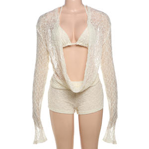 Conjunto Sexy de Outono em 3 Peças para Mulheres, Top Halter de Renda com Mangas Longas + Sutiã + Shorts, Conjunto de Três Peças para Vestuário Feminino de Outono - Product Image 2