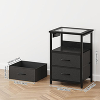 Table d'appoint de salon rectangulaire avec plateau en verre, tissu noir ajouré, 2 tiroirs, prise et éclairage LED, unité individuelle
