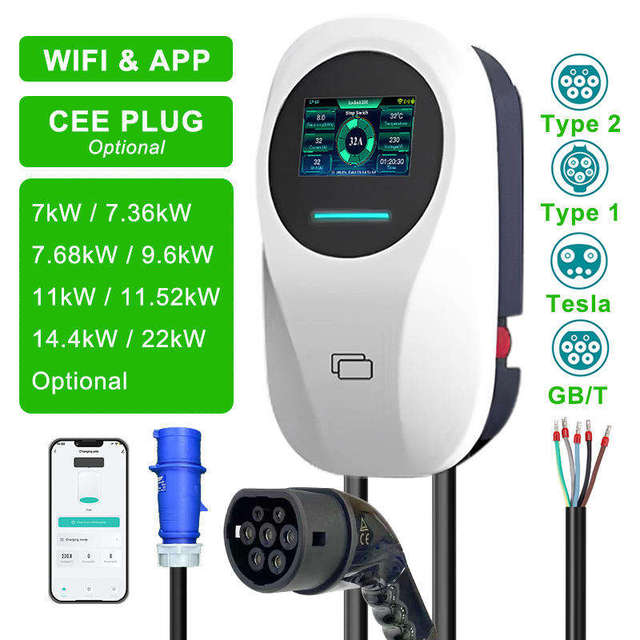 Type 2 EV Charger 7kW 11kW 22kW Type1 Type2 J1772 NACS GBT CCS1 CCS2 Smart OCPP DLB WiFi Bluetooth APP RFID LCD Timer IP65