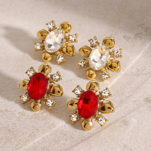 Pendientes de flor con circonitas rojas y blancas de oro de 18K, joyería de fiesta con engaste de garra, pendientes colgantes finos - Product Image 2