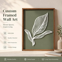 Peinture en relief rectangulaire Art Déco à cadre en bois vert neutre pour chambre à coucher, salon, art mural botanique en feuilles 3D