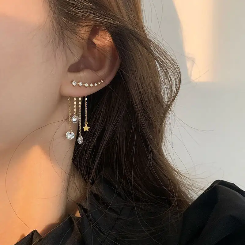 2023 New Arrival Shiny Party Luxury Jewelry Rhinestone Big Star Drop Earrings Bling Long Tassel Earrings for Women Dangling