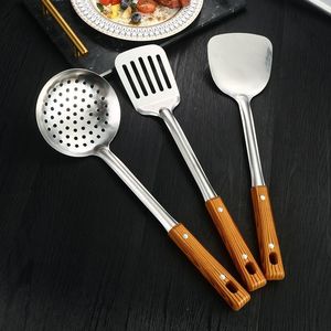 Espátula de acero inoxidable con <span class=keywords><strong>mango</strong></span> largo, <span class=keywords><strong>mango</strong></span> de plástico resistente al calor, anti-quemaduras, para uso doméstico, para freír, cuchara para sopa, colador - Product Image 3
