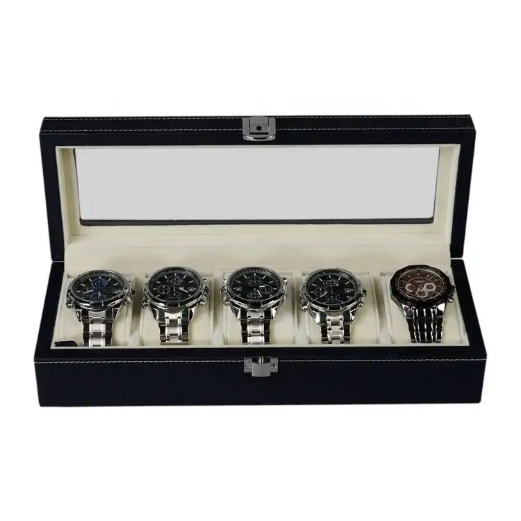 Watches Watch Black PU Leather Wooden Box Storage 5 Watches Small Wooden Box Display Transparent Window Watch Wooden Box