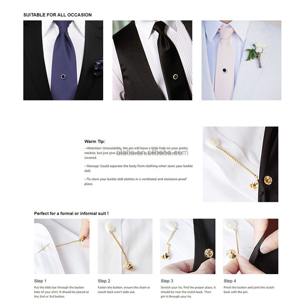 Set 8 Spille Per Cravatta Da Uomo | Placcate Oro 14K Con Catena | Per Matrimoni E Eventi