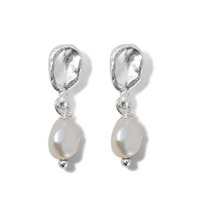 Boucles d'oreilles pendantes en perles baroques vintage françaises, plaquées or 2,5 µm, en argent 925 martelé, élégantes et minimalistes, bijoux de mariée