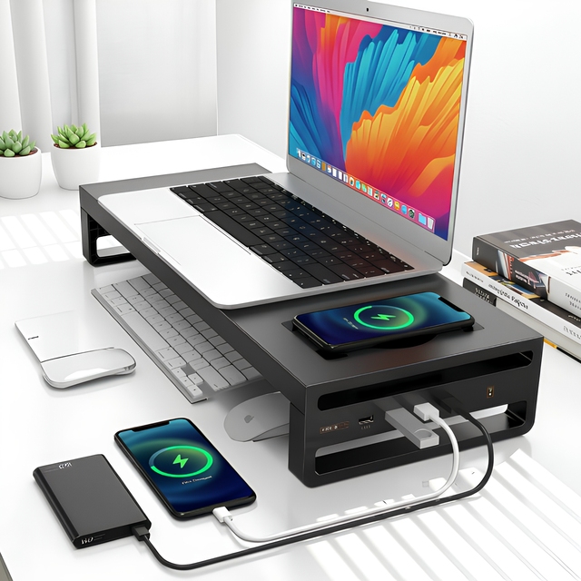 Innovation Product Aluminum Alloy Wireless Charging Multi Functional Desktop Riser Uv Storage Computer 4 Usb Port Monitor Stand