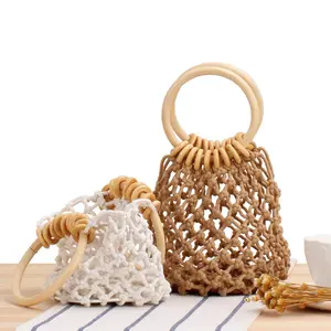 OEM service 2021 Fashion cotton rope drawstring opening round handle woven mini bucket purse and handbags women summer beach bag