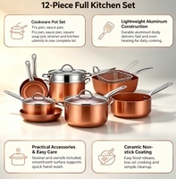 Ensemble de 12 ustensiles de cuisine en céramique antiadhésive en aluminium, comprenant une poêle, une casserole avec passoire et des ustensiles de cuisine pour une utilisation en cuisine