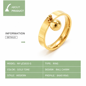 Gold Tone Ball <b>Charm</b> Ring Polished Band with Spherical Dangle Pendant Minimal Statement Jewelry - Product Image 4