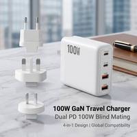 Chargeur pour ordinateur portable GaN 100W Max, double PD100W + double QC18W, 4 ports, chargeur rapide pour téléphones avec prises interchangeables multi-standards pour une utilisation mondiale