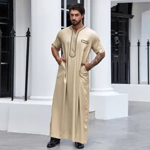 Традиционная Исламская мусульманская мужская одежда Caftan Jubba Jalabiya с коротким рукавом Высококачественная вышивка Thawb