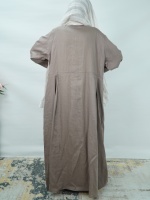 Abaya ouverte en lin naturel de qualité supérieure, ensemble 2 pièces, robe intérieure plissée jaune unie à nouer soi-même, tenue décontractée et modeste pour femme musulmane, personnalisable