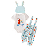 Tenue de Pâques pour bébé, ensemble 3 pièces, body à manches courtes, pantalon à bretelles imprimé avec chapeau à oreilles de lapin, Costume de Pâques pour bébé garçon