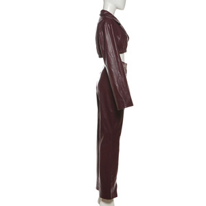 Autumn/Winter New Sexy Collared Crop Top With High-Waisted PU Leather <b>Trousers</b> Two-Piece Set for Women Fashion - Product Image 5