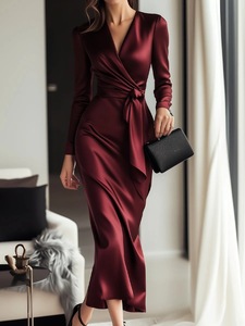 <span class=keywords><strong>Vestido</strong></span> Casual de Satén con Lazada Cruzada, <span class=keywords><strong>Manga</strong></span> <span class=keywords><strong>Larga</strong></span> y Cuello en V, Elegante <span class=keywords><strong>Vestido</strong></span> para Mujer - Product Image 5