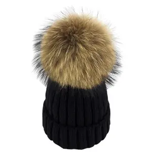 wholesale large raccoon fur ball knitted dobby hat womans winter beanie with fur pom