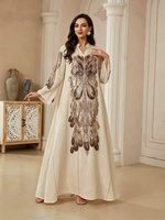 Kaftan Abaya décontracté à col cranté, broderie de sequins, en polyester, manches longues, coupe ample, pour mariages, banquets et occasions spéciales