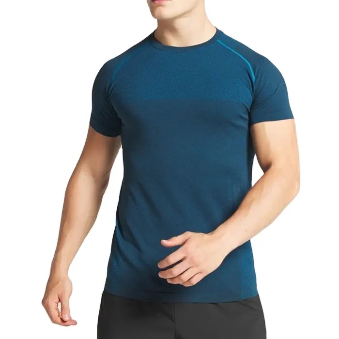 Großhandel Custom Logo Fitness Kleidung Männer Fitness studio Nahtloses Nylon Polyester Sea Teal Marl T-Shirt