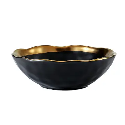 Luxury Black Ceramic Gold Plated Large Salad Bowl Exquisite Tableware