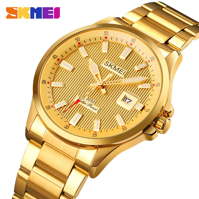 SKMEI Beauty Men's Business Watch Single Crown Alloy Band Folding Clasp Pointer Vintage Calendar Quartz Watch