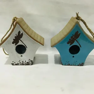 Custom Flowing Glaze Ceramic Birdhouse With Butterfly Deco; Bird House Ceramic House Shape Blue and Pink Colour