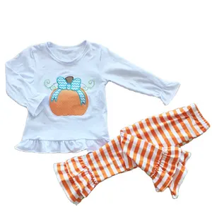 2021 hot sale Halloween children clothes Pumpkin kid set embroidery boutique clothing