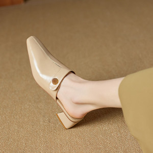 Mules de Cuero Genuino para <span class=keywords><strong>Mujer</strong></span>, Punta Cuadrada, Tacón Cuadrado, Plantilla de Piel de Oveja, Transpirables, Cómodos, Zapatos de Trabajo Profesionales, Color Marrón - Product Image 6