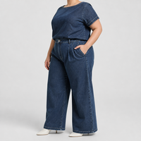 Ensemble deux pièces en jean bleu pour femmes grandes tailles, chemise à manches courtes et jean à jambes larges, taille US, OEM ODM, vente en gros