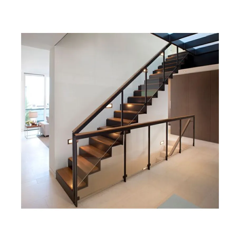 プレハブ高級インテリア金属木製階段モダンカスタムモノストリンガーガラス手すりストレート階段デザイン