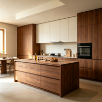 Ensemble complet d'armoires de cuisine modernes haut de gamme en panneaux de bois grainé pour projet de rénovation de villa et d'appartement entiers