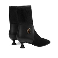 Bottines Chelsea à talon haut en daim pour femme Oncheer avec revers en tricot, bout pointu, détail métallique doré, doublure en fourrure, tissu extensible