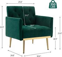 Ensemble de 2 fauteuils d'appoint modernes en velours vert, confortables, capitonnés, avec pieds en métal doré, garnissage en coton, meubles de salon