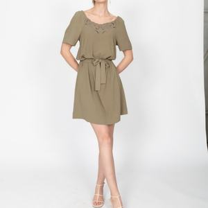 Vestido Midi Elegante para Mujer, 100% Lino, Cuello Cuadrado, Cintura Elástica, Estilo Bohemio Casual, Diseño Liso y con Parches - Product Image 3