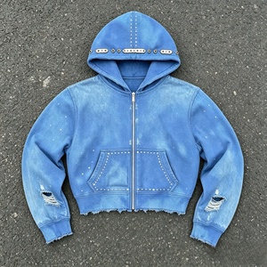<b>Men's</b> Blue Hooded Zip-Up Fleece <b>Jacket</b> With Pockets Frayed Hem Rivet Details Regular Fit Knitted Fabric - Product Image 1