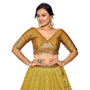Incroyable jaune paillettes Chinon Haldi Wear Lehenga Choli avec Dupatta vêtements traditionnels chinois - Product Image 1