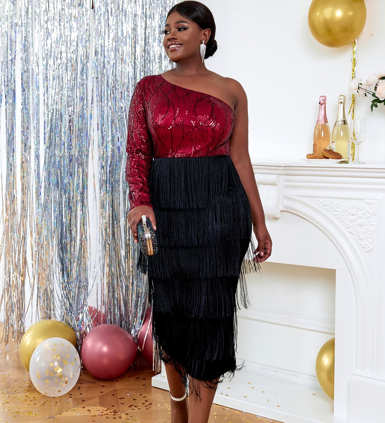 fringe birthday dress Party One Shoulder Wine Girl Evening Sequin 21st Color Merge KissProm Silver Princess A Color:Caramel Brown Elevate your wardrobe with