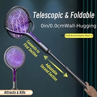 Raquette anti-moustiques électrique pliable et rétractable 2-en-1 rechargeable, tapette à mouches violette avec lumière anti-insectes, pour maison et bureau, avec manche télescopique