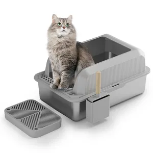 2024新设计高品质半开设计小猫沙箱不锈钢猫砂盆带盖