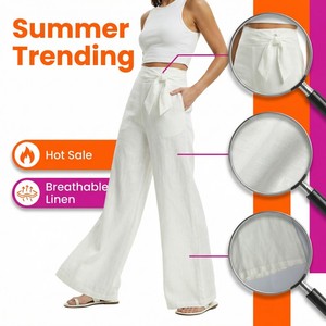<strong>Women's</strong> White Mid-Waisted Wide-Leg Spring ODM Woven Linen Viscose Blend Breathable Comfort Casual Trousers - Product Image 3