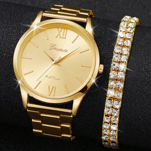 Женские золотые кварцевые часы в деловом стиле с бриллиантами, женские наручные часы с ремешком из нержавеющей стали, 4 браслета, подарочный набор с коробкой - Product Image 5