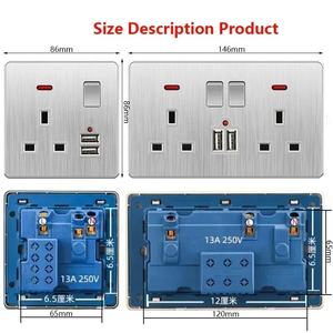 Toma de corriente doble universal de 5 orificios con puerto Usb toma de corriente de pared plateada 110-250V UK 13A toma de corriente para PC interruptor de luz de 1/2/3 vías - Product Image 4