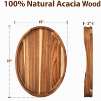Plateau de service Art Déco en bois d'acacia avec poignées, ovale 17"x13", décoratif, pour ottoman, salon, table basse, petit-déjeuner, lit, présentoir à bougies