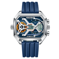 POEDAGAR E106 Montre Homme Électronique à Double Fuseau Horaire, Bracelet Silicone, Affichage LED Lumineux, Date et Jour, Montre à Quartz Tendance pour Homme