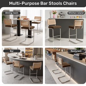 Mid Century Modern Rattan Back Bar <b>Stool</b> With Stainless Steel Frame Padded <b>Seat</b> For Kitchen Island Home Bistro - Product Image 5